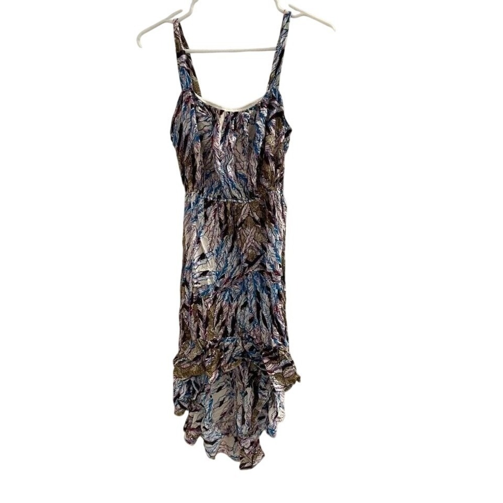 Sleeveless High Low Dress - Blue Purple Brown Abstract Print Party